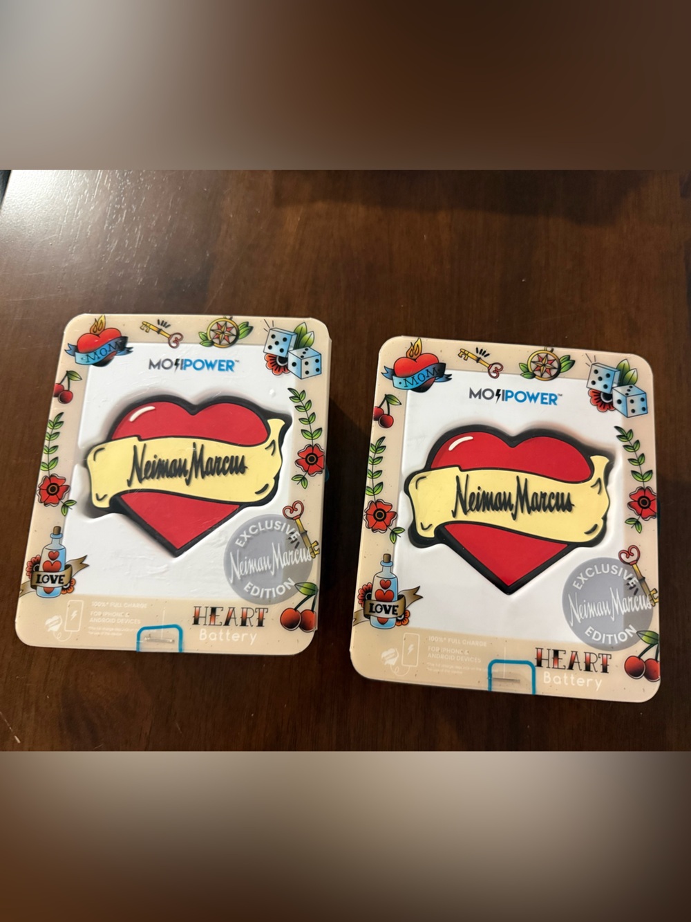 Neiman Marcus Red and Cream Heart Power Bank with Tattoo Accents